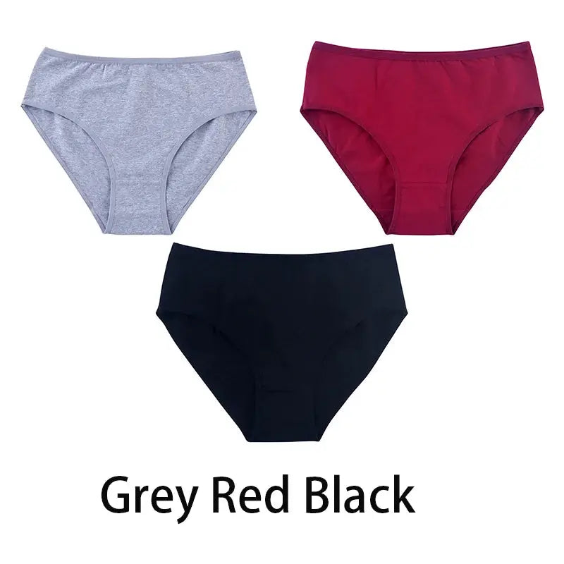 Women's seamless cotton panties, 3-pack in grey, red, and black.