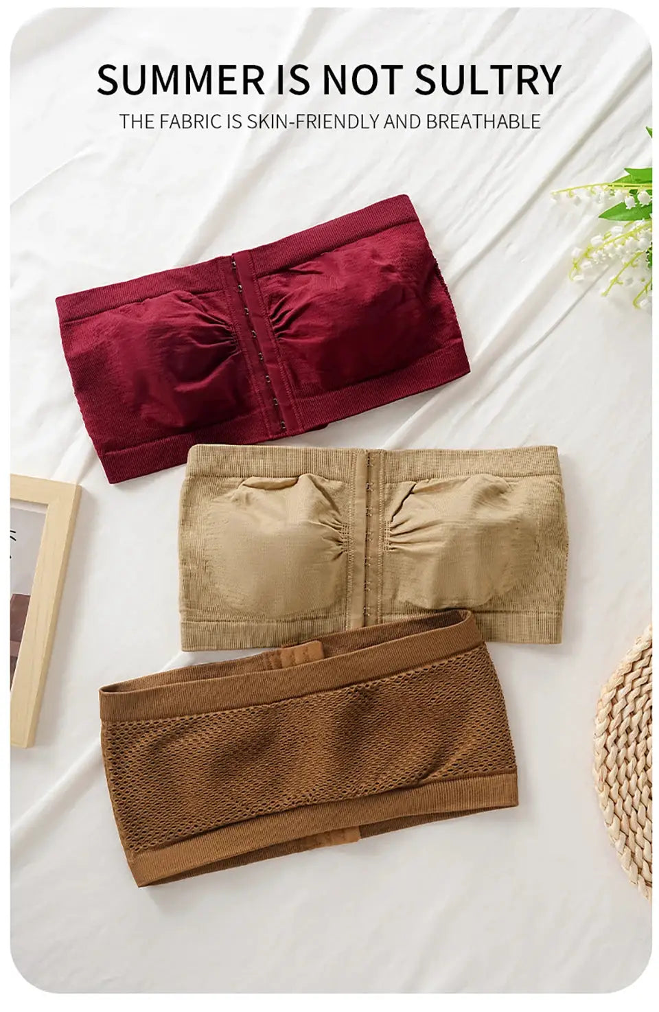 Plus-size strapless bandeau bras in burgundy, beige, brown; three-piece set by Simples Market; front-closure, wireless