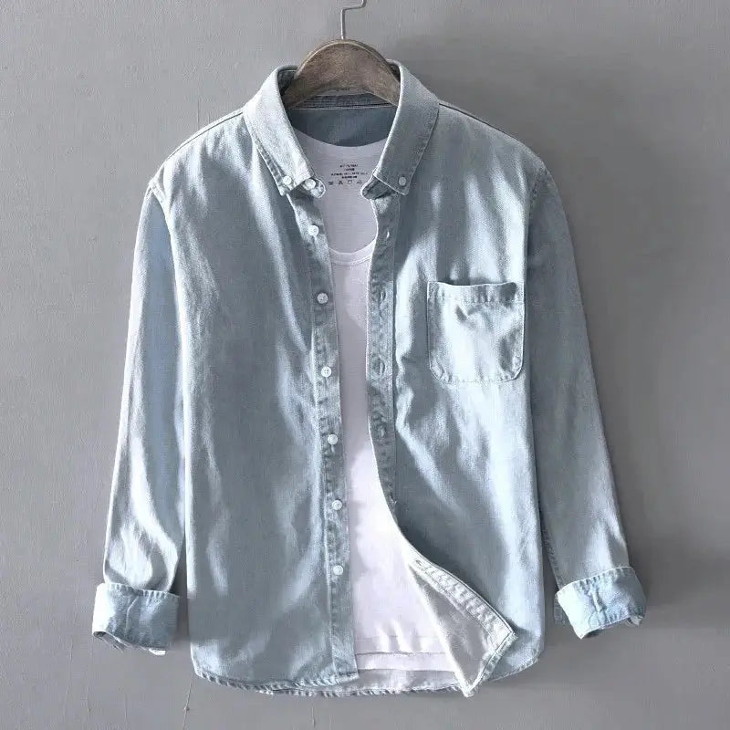 Simples Market men's light-blue 100% cotton denim shirt with long sleeves and chest pocket