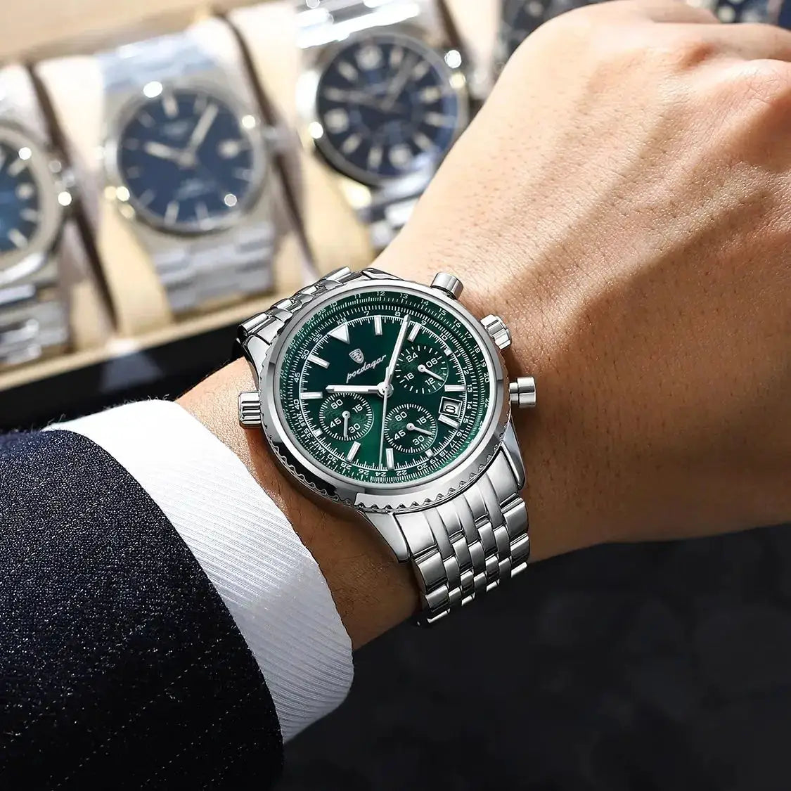 POEDAGAR Luxury Men Chronograph Stainless Steel Watch Waterproof Luminous Quartz Date Display Military Sport Timepiece