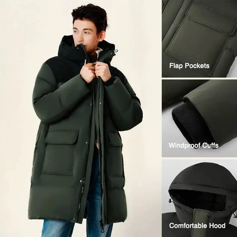 Semir men's long puffer down jacket, olive green waterproof outerwear with hood and flap pockets