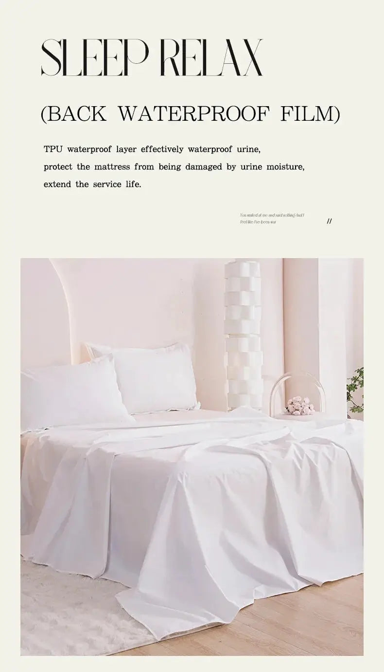 Simples Market bed flat sheet TPU waterproof mattress cover, white on a neatly made white bed setup