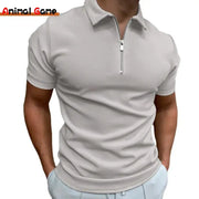 Men's light gray polo shirt with zip-front turn-down collar, short sleeves, Simples Market