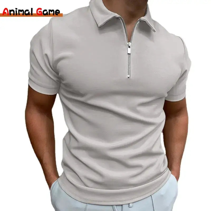 Men's light gray polo shirt with zip-front turn-down collar, short sleeves, Simples Market