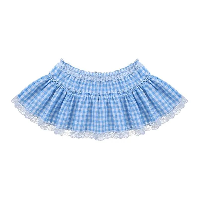 Women’s blue gingham lace mini skirt with a ruffle hem by Simples Market