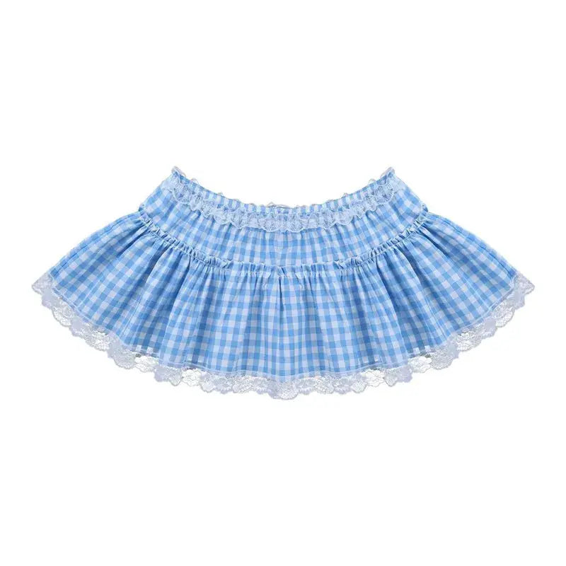 Women’s blue gingham lace-trim mini skirt with ruffle hem