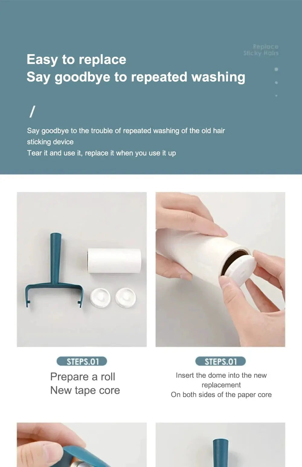 Teal tearable roll paper sticky roller brush 4-piece kit with replacement cores for pet hair and clothes cleaning