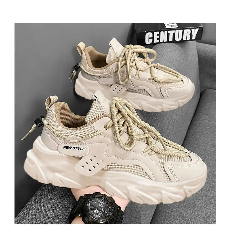 Men's beige breathable sneakers with thick soles, casual outdoor running; two shoes pictured