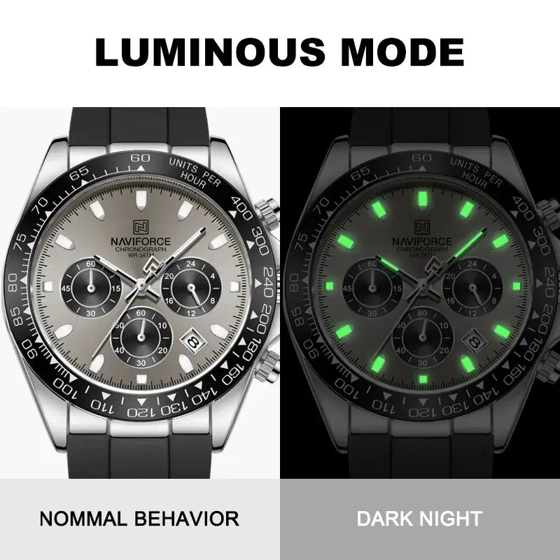 NAVIFORCE men’s chronograph watch with silicone strap; gray dial with 3 subdials and luminous markers (2 views)