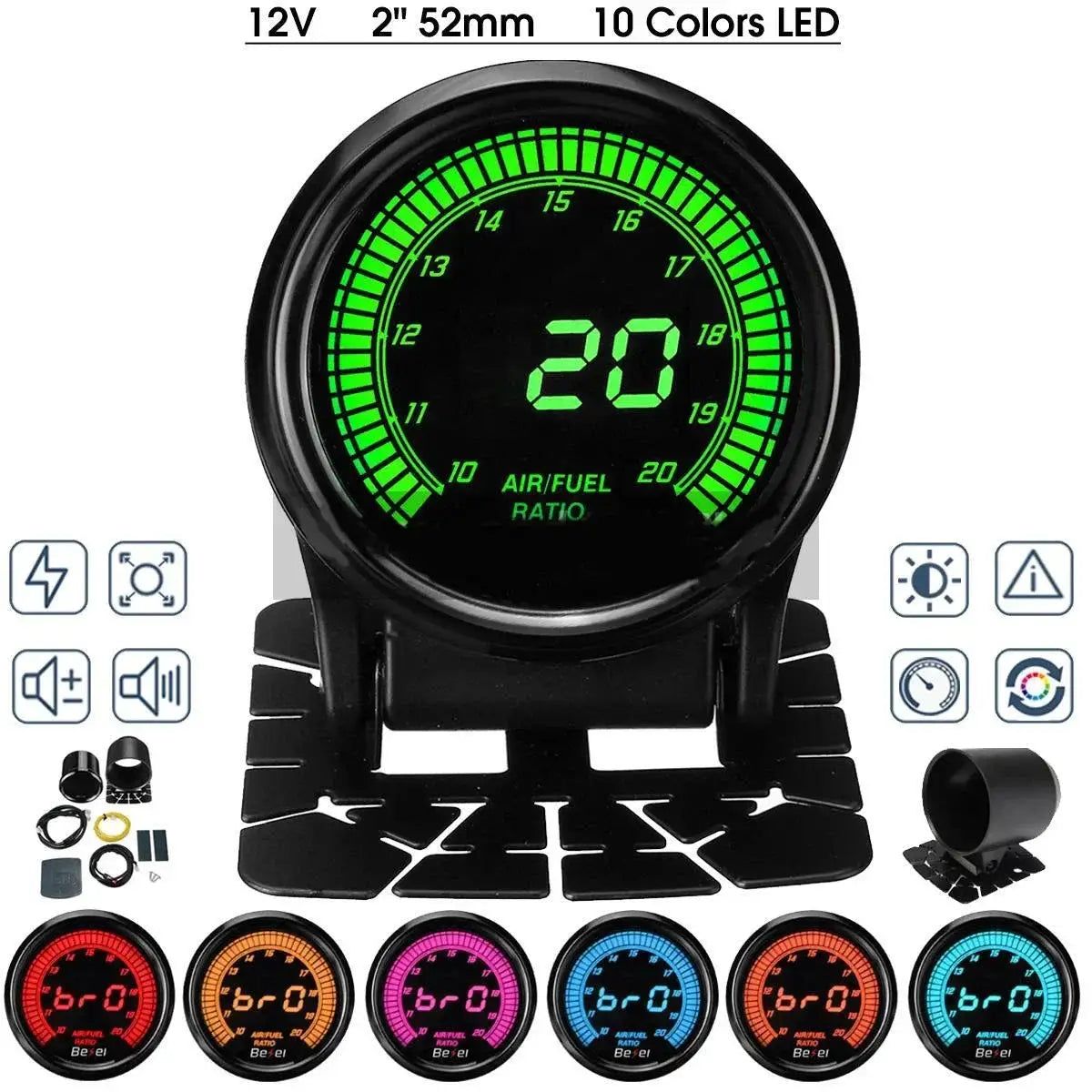 Simples Market 52mm car gauge with 10-color LED, green display; multi-function tachometer and oil temp/volt gauge