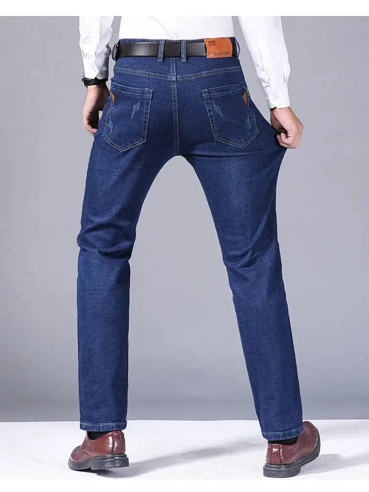Men Straight Jeans Slim Fit Stretch Denim Trousers Business Casual