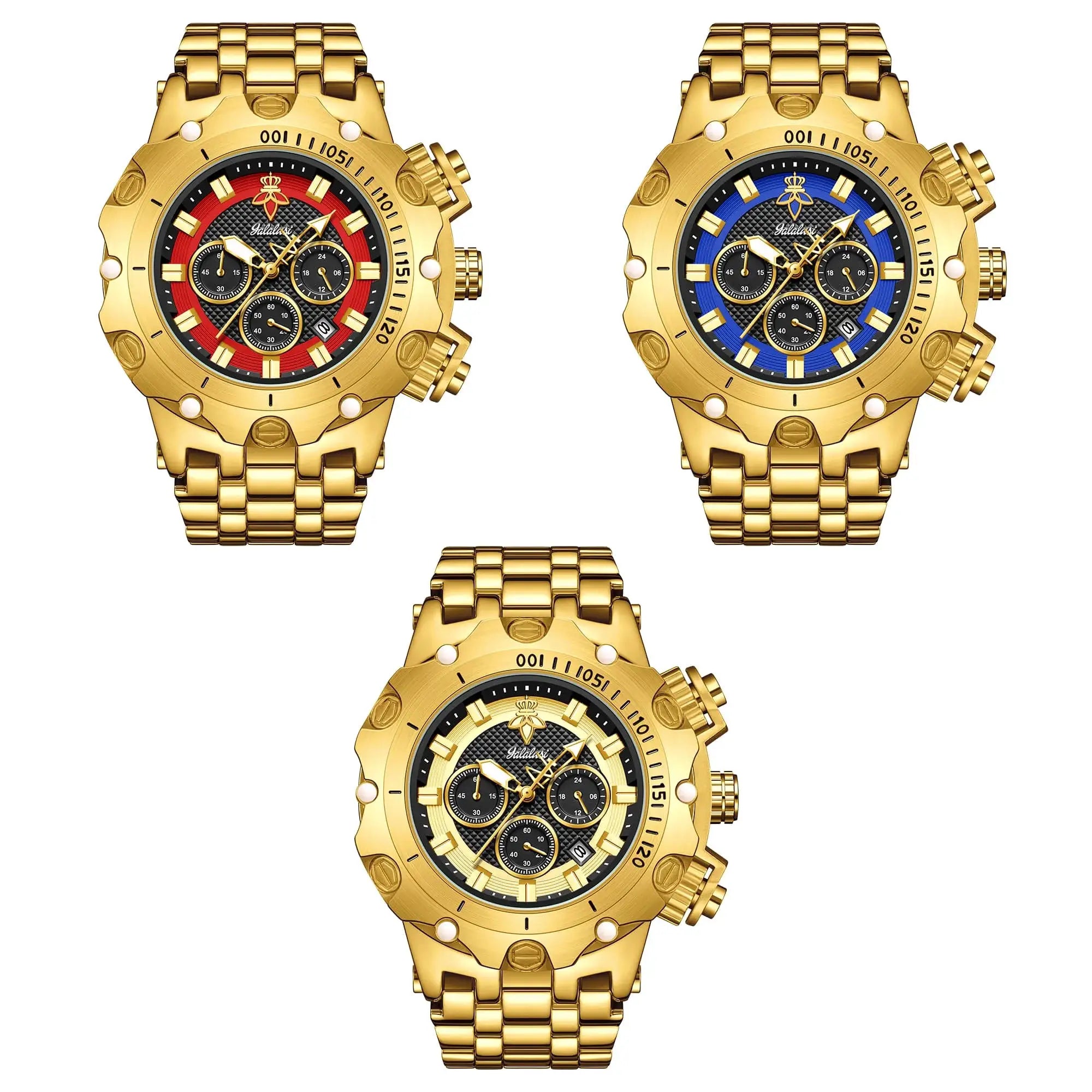 YaLaLuSi men's multifunctional luxury watch with gold strap; two watches shown, red and blue dials, Simples Market