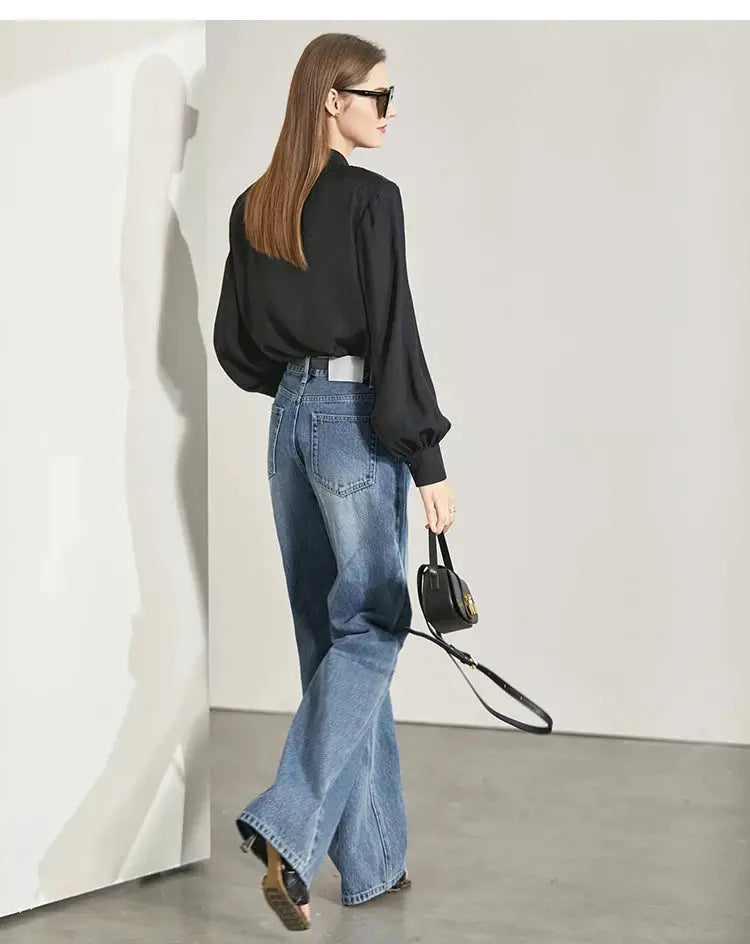 Amii Minimalism Vintage Denim Jeans Women Loose Wide Leg Autumn Pants