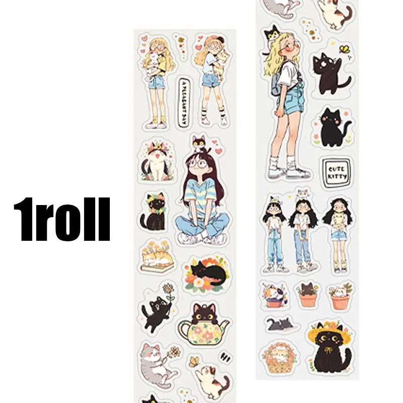 Mr Paper kawaii washi tape stickers, 1 roll included, Simples Market; cute girl and cat character designs for journaling