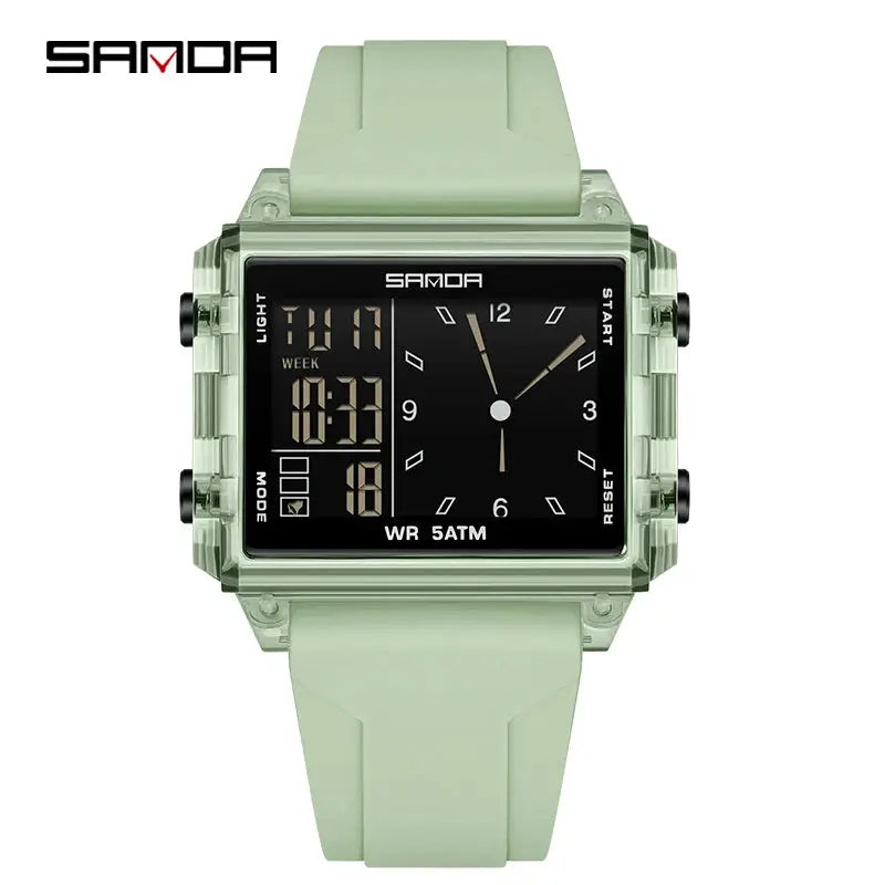 Sanda 6273 square dual-time wristwatch, SAMOA; mint green strap, analog-digital display, 5ATM water resistant.