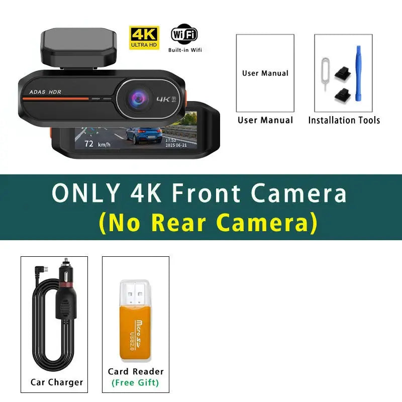 4K front dash cam with WiFi and GPS, black car camera; includes car charger, USB card reader, manual, tools