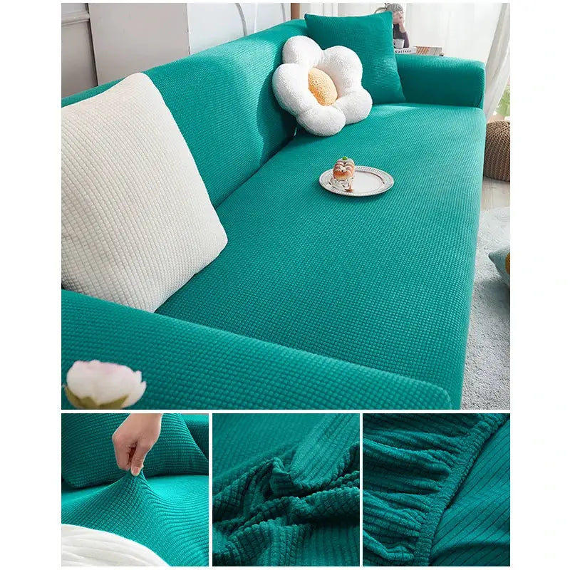 Teal elastic jacquard sofa slipcover for 1–4 seat L-shaped sectional by Simples Market