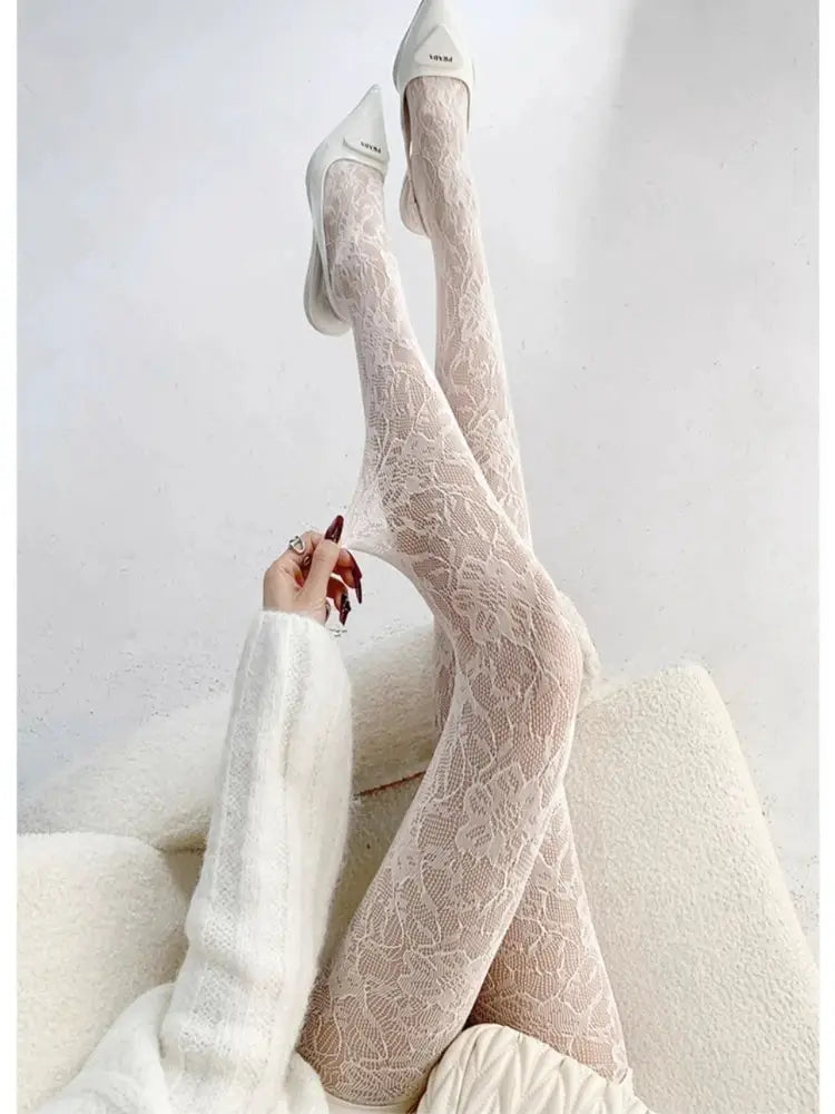 LuxeWear White Fishnet Stockings for Women Floral Mesh Pantyhose High Waist Tights Slimming Breathable Comfort