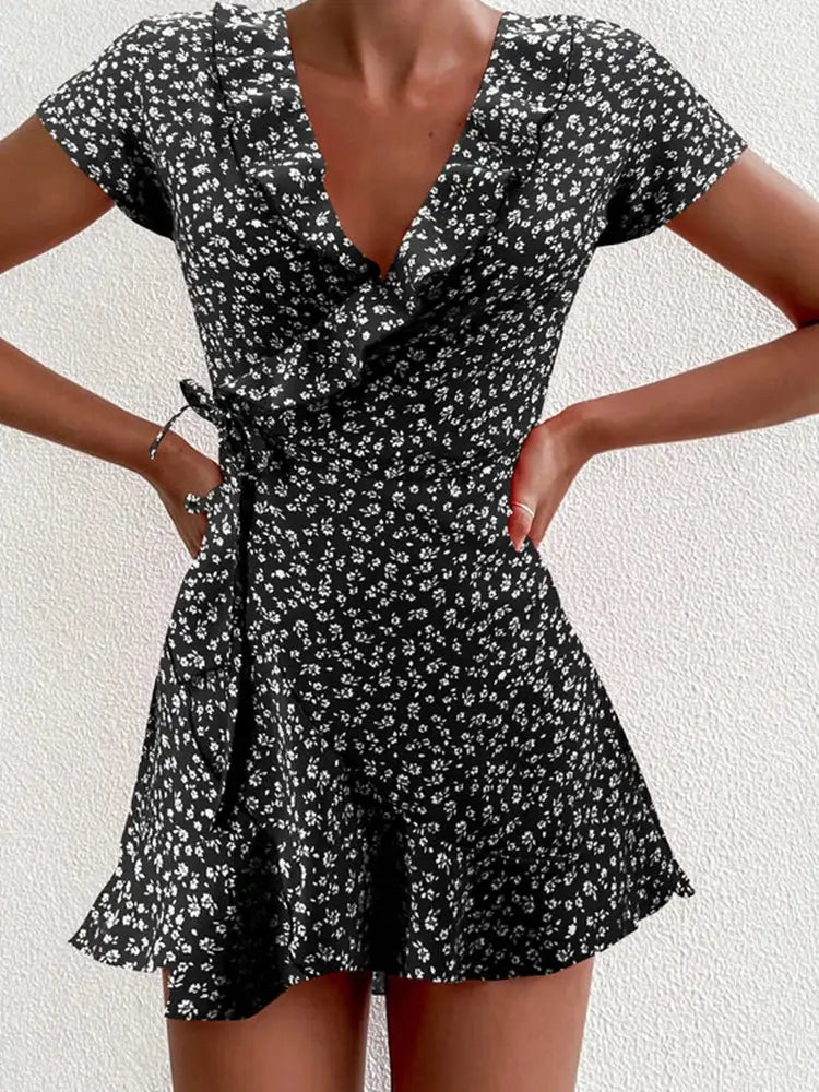 Summer Floral A Line Dress For Women V Neck Ruffles Mini Dress