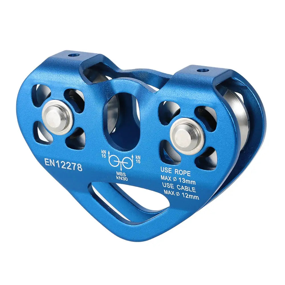 Cable trolley pulley with ball bearings, blue aluminum body, 30 kN rating for climbing and rescue.