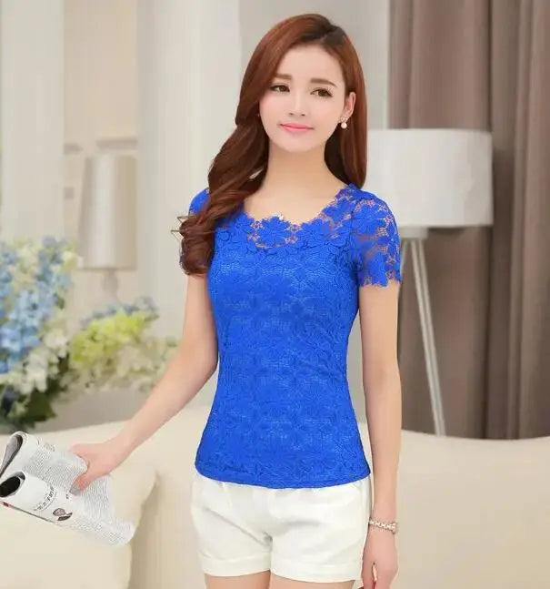 Summer lace blouse for women in royal blue with short sleeves