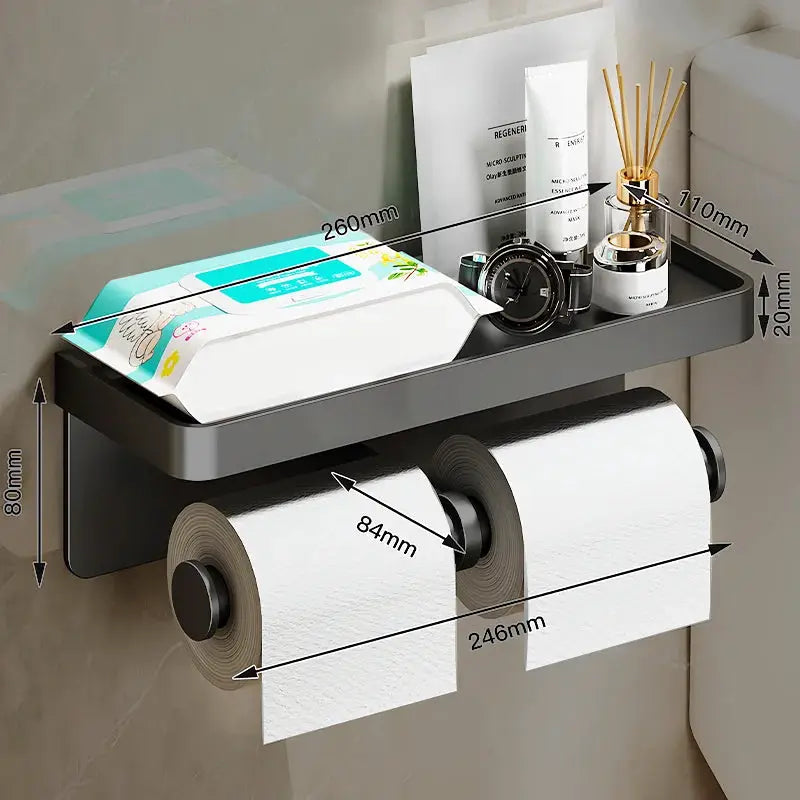 Aluminum alloy wall-mounted toilet paper holder with shelf and phone stand by Simples Market, holds two rolls