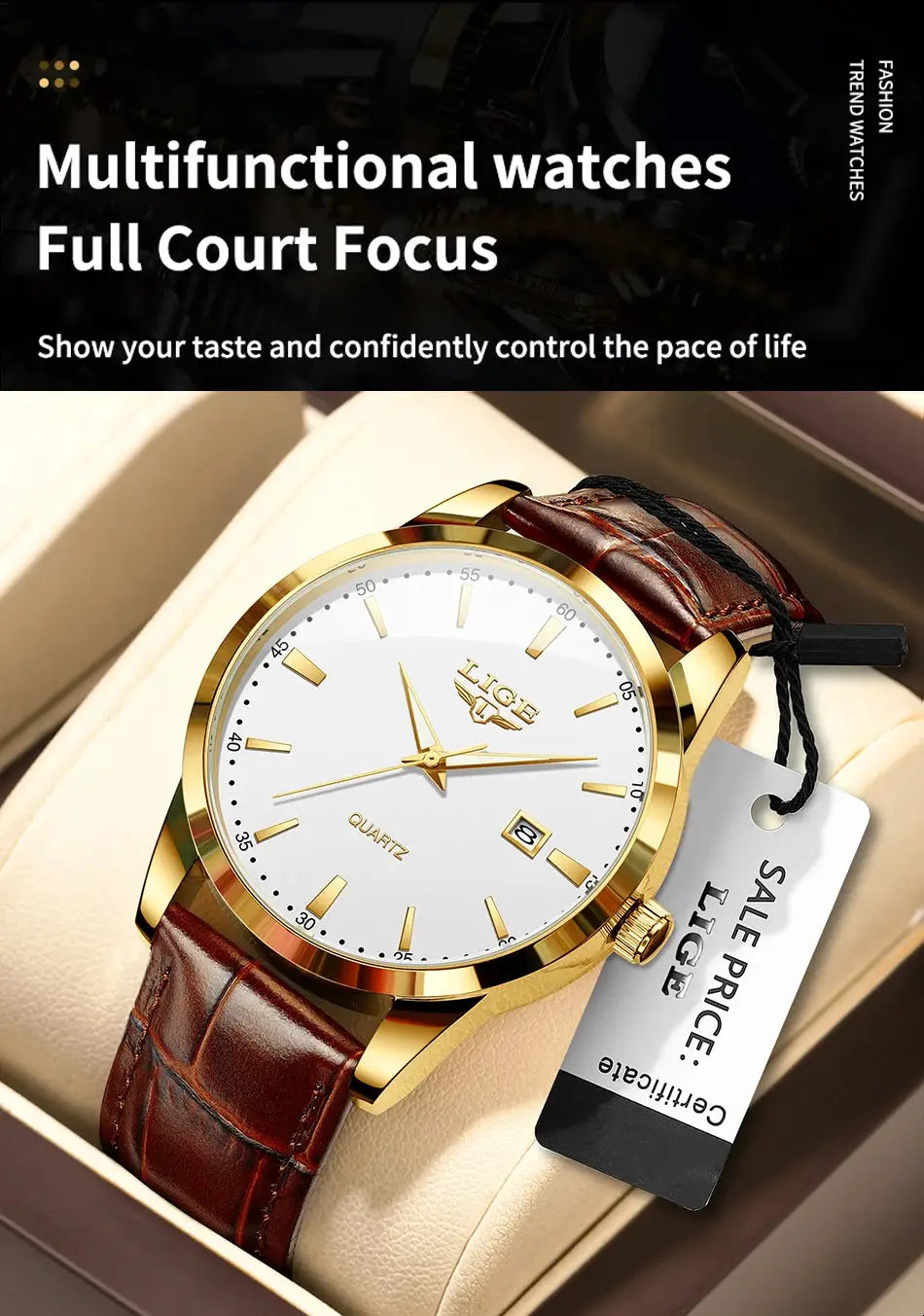 LIGE men's brown leather strap watch with gold-tone case, white dial, date window