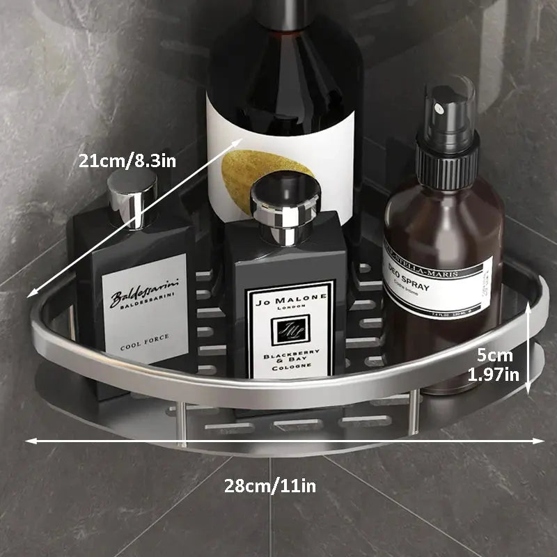 Simples Market bathroom corner storage rack, black metal wall-mount no-drill shelf for shampoos, 28 cm diameter