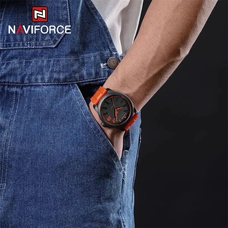 Men's NAVIFORCE quartz wristwatch with orange silicone strap and black dial.