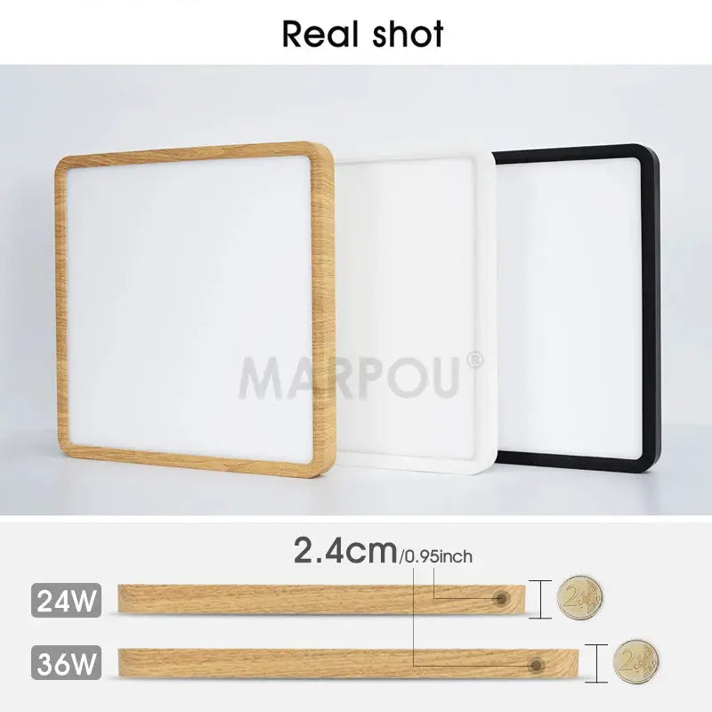MARPOU ultra-thin LED square ceiling light panels in wood grain, white, and black frames; 2.4 cm thick, 24W/36W options