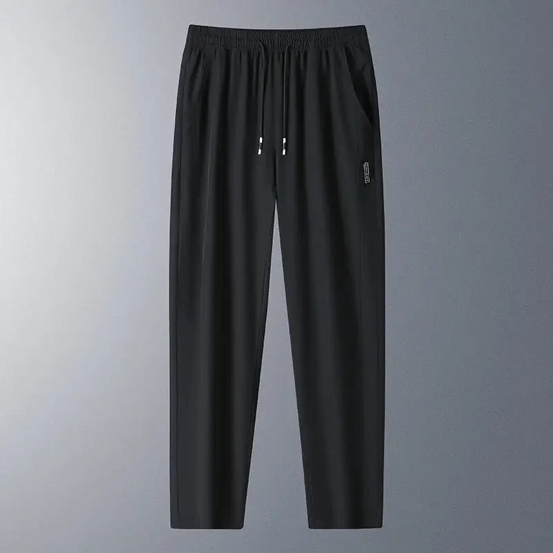 Running pants, black ice-silk fabric, quick-dry lightweight with drawstring waist and side pockets.