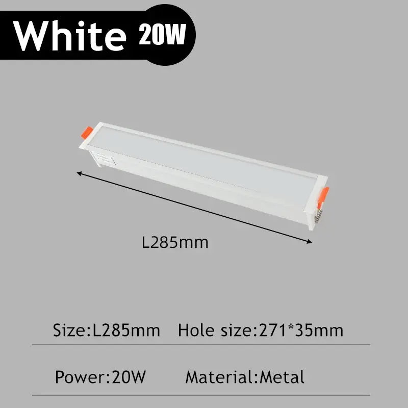 White rectangular LED recessed downlight, ceiling light, 20W, 285mm long, metal body.