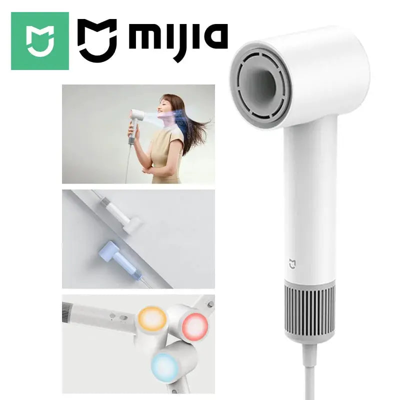 MIJIA H501 SE hair dryer, white handheld with gray vent ring and 3 interchangeable nozzle attachments