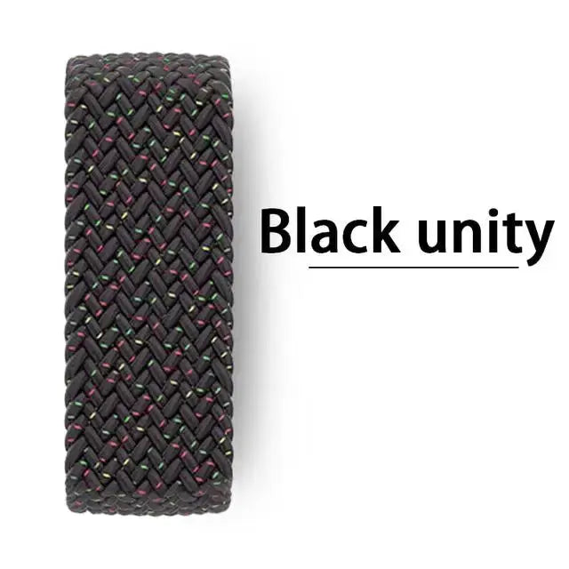 Braided Apple Watch band by Simples Market in black with colorful threading; compatible with 40–49mm Apple Watch sizes