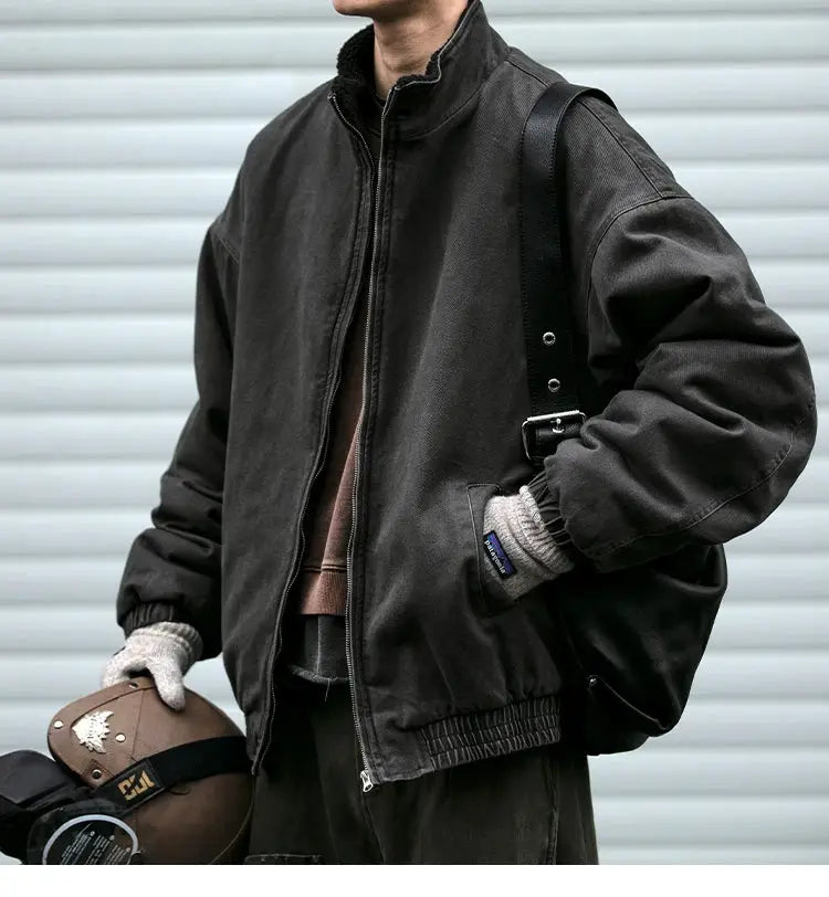 Simples Market Japanese vintage polar fleece jacket for men, black thick bomber-style zip coat.