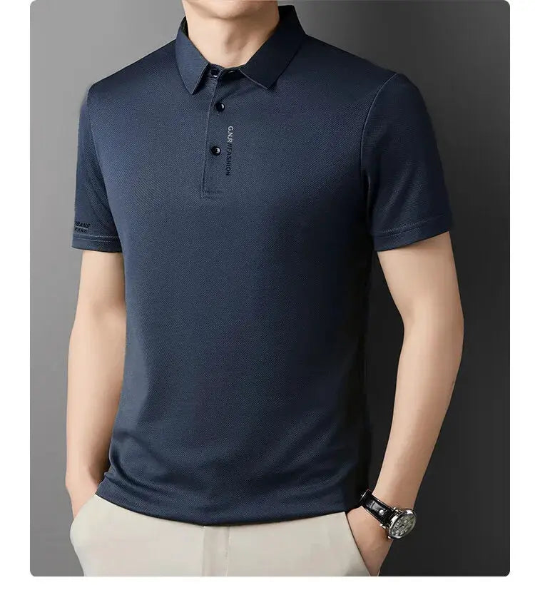 Simples Market navy blue ice silk polo shirt for men, short sleeves, casual golf top