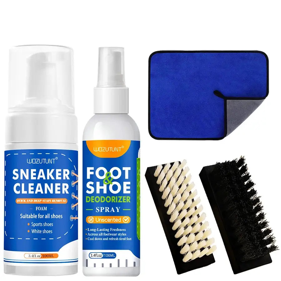 5-piece shoe cleaning kit: white sneaker cleaner foam, deodorizer spray, blue cleaning mat, cream-bristle brush, black brush