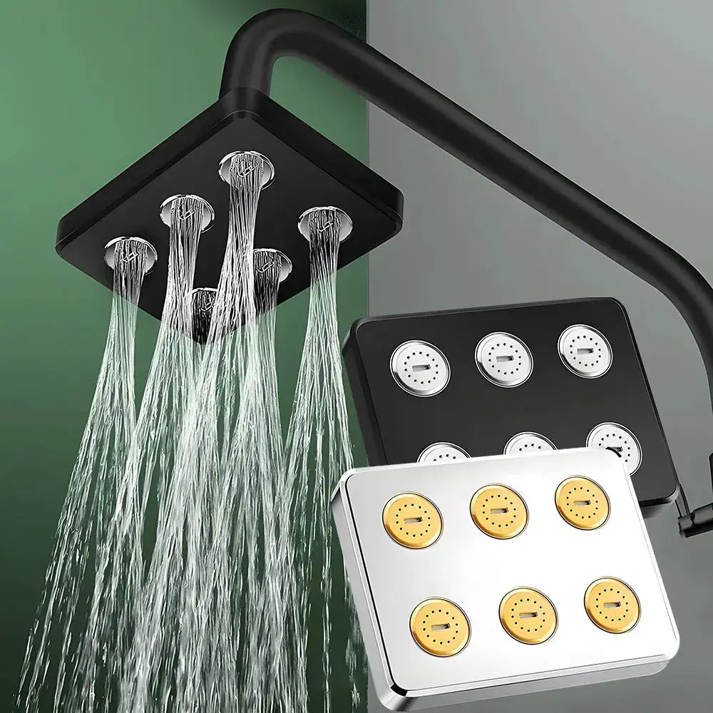 Shower head 360° mini-surround rain jets; black square unit with white/gold panel variants on a curved arm