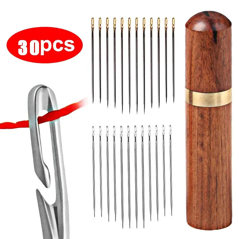 Simples Market 30pcs blind sewing needles set, stainless steel self-threading with wooden storage case