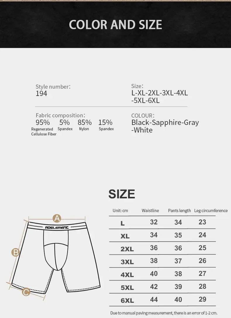 Men's extra-long sports boxer with anti-wear legs, ice-silk fabric, Black-Sapphire-Gray-White, L-6XL, Simples Market