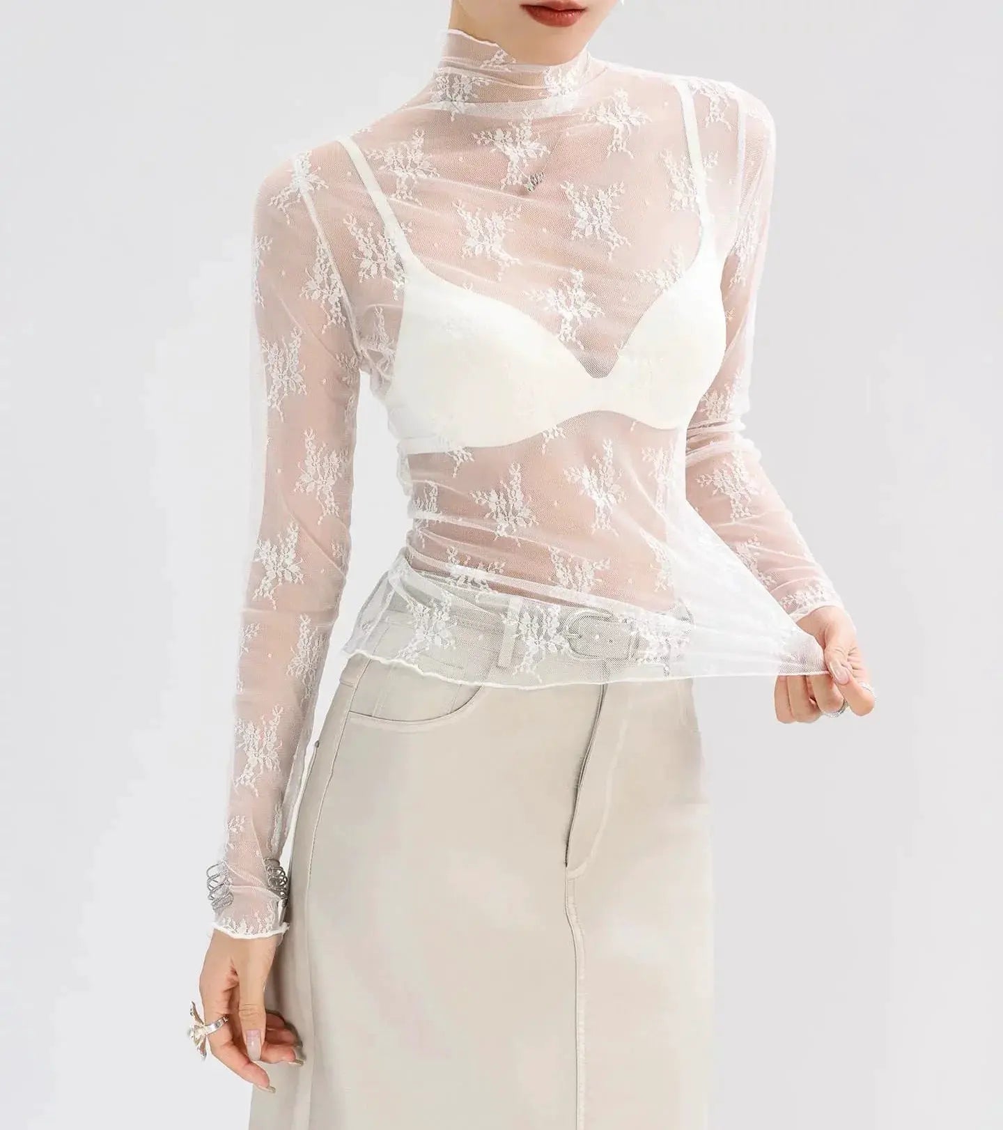 Sexy Women Mesh T Shirt See Through Top Lace Blouse Long Sleeve O Neck Sheer Crop Tee For Night Club Party