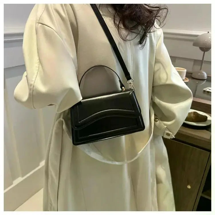 Simples Market PU leather handbag, black small shoulder crossbody bag with top handle.