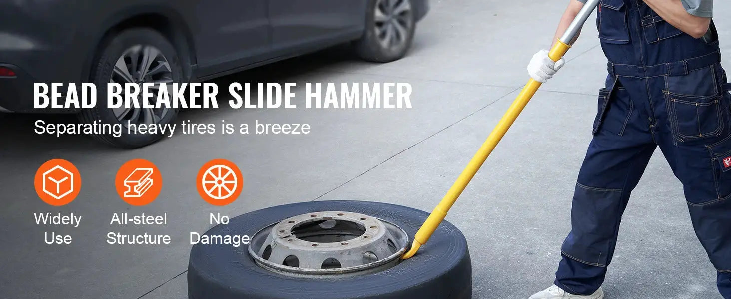 Tire bead breaker slide hammer, heavy-duty steel tool with yellow handle for car/truck tires.