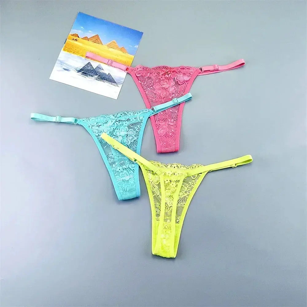 3-piece adjustable lace thong panty set in pink, turquoise, and neon yellow with floral lace