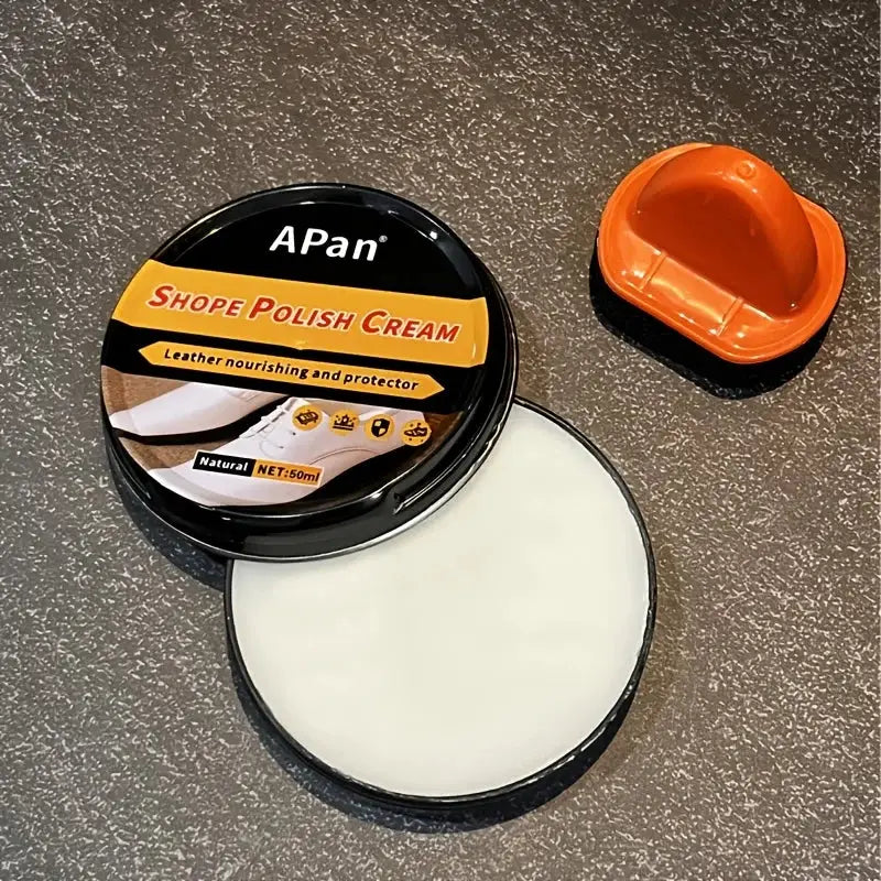 Shoe polishing kit with APan colorless cream for faux leather, white polishing pad, and orange cap