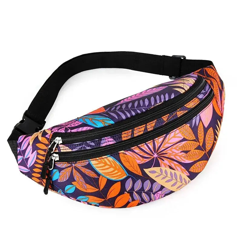 Simples Market waist bag with tropical leaf print, purple/orange design, two zippered pockets and black adjustable strap