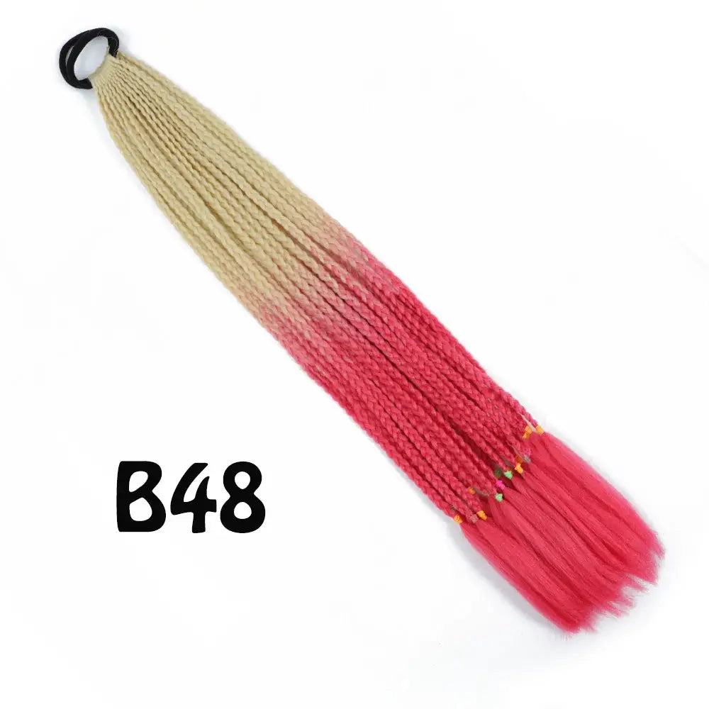 Synthetic gradient braided ponytail extension, 24in rainbow ombre from blonde to pink, with elastic band