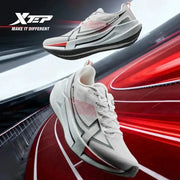 Xtep running shoes; white with pink accents, cushioned and lightweight, wear-resistant sneakers, two on a red track.