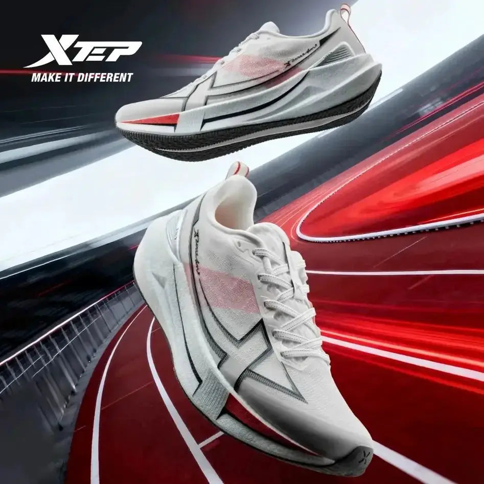 Xtep running shoes; white with pink accents, cushioned and lightweight, wear-resistant sneakers, two on a red track.