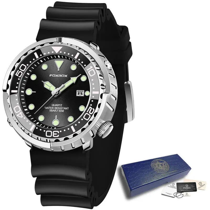 FOBOX men's diver watch with black dial, luminous markers, date window, stainless steel bezel, black rubber strap